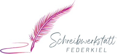 Logo Schreibwerkstett Federkiel pink-orangene Boho Feder mit Schriftzug